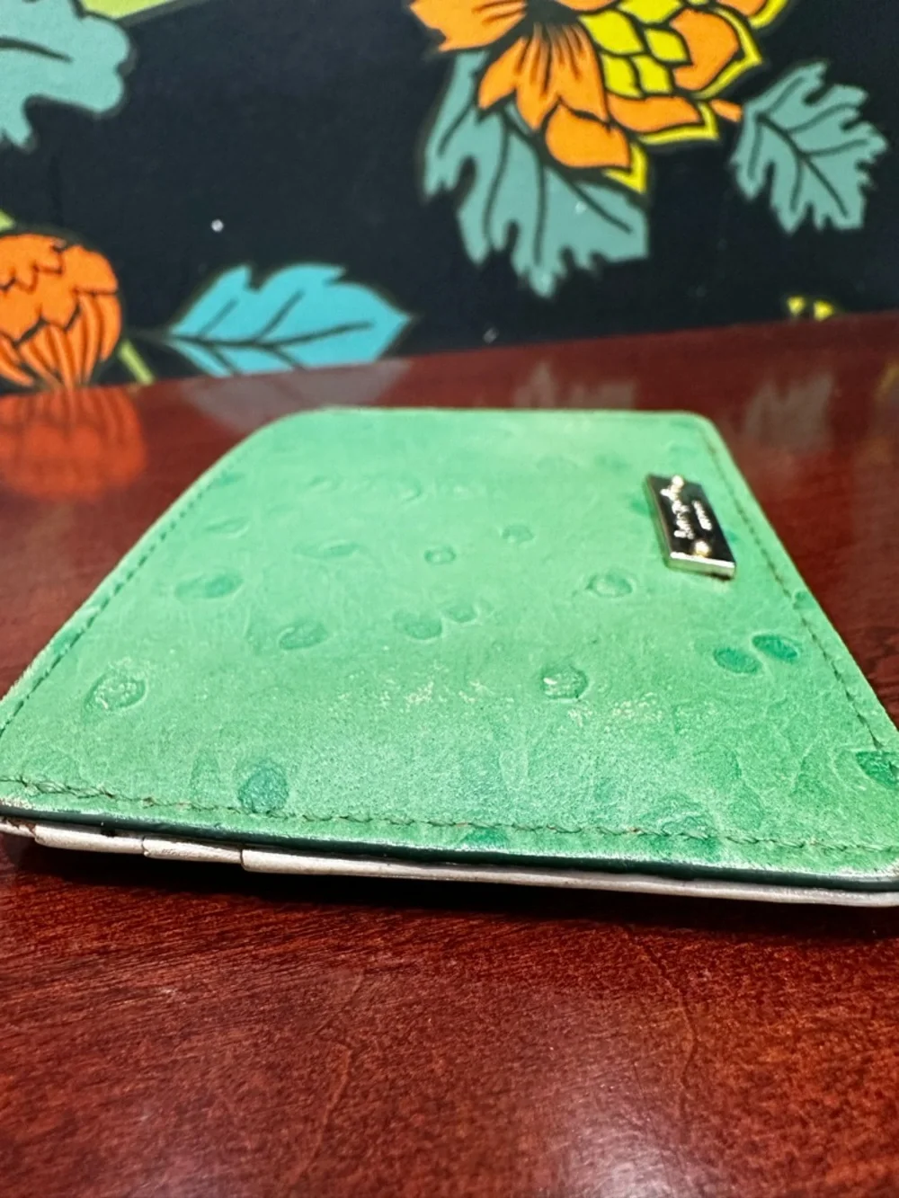Kate Spade Green Ostrich Embossed Leather Card Holder Slim Wallet